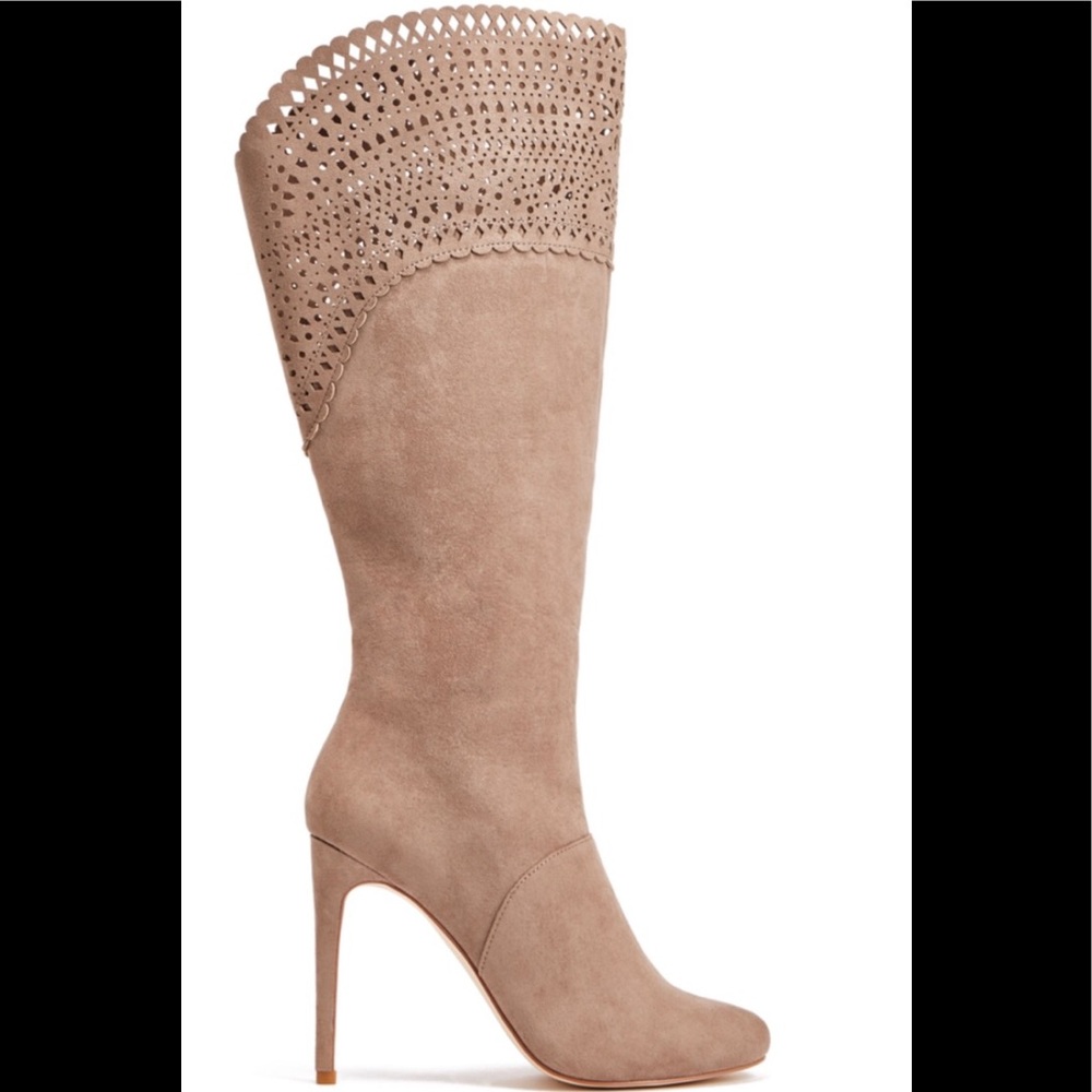 NWT JustFab Tan Faux Suede Heeled Boots - Picture 4 of 6